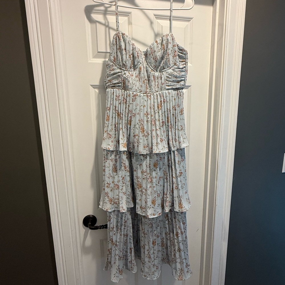Lulu's Light Blue Floral Tiered Ruffled Occasion Dress